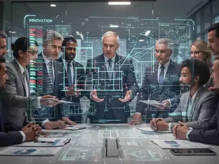 Eine Gruppe von Ingenieuren und Geschäftsleuten diskutiert um eine holographische Projektion mit technischen und finanziellen Daten. - Foto: über boerse-global.de