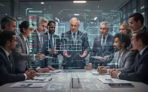 Eine Gruppe von Ingenieuren und Geschäftsleuten diskutiert um eine holographische Projektion mit technischen und finanziellen Daten. - Foto: über boerse-global.de