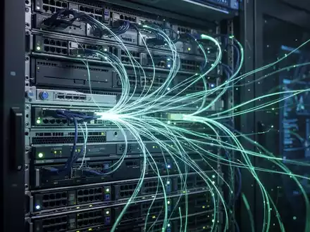 Abstrakte Visualisierung von Datenfluss durch einen Serverrack, symbolisiert Softwareoptimierung und Effizienzsteigerung in KI. - Foto: über boerse-global.de