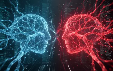 Abstrakte Darstellung von zwei leuchtenden, sich überlappenden neuronalen Netzen in Blau und Rot, die den Wettbewerb von KI-Modellen symbolisieren. - Foto: über boerse-global.de