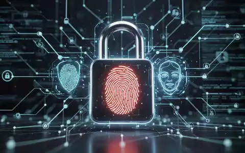 Digitales Vorhängeschloss mit biometrischen Symbolen (Fingerabdruck, Gesichtserkennung) und sicheren Datenverbindungen, die Passkey-Technologie darstellen. - Foto: über boerse-global.de