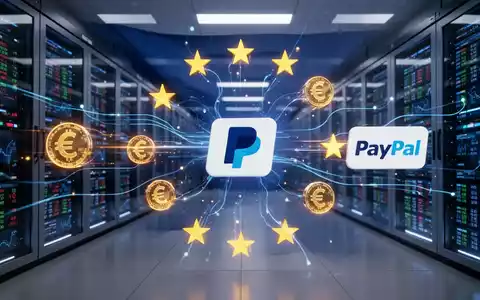 Digitale Illustration der EU-Flagge mit Zahlungsschnittstellen, PayPal-Logo und leuchtenden Datenströmen, die finanzielle Integration symbolisieren. - Foto: über boerse-global.de