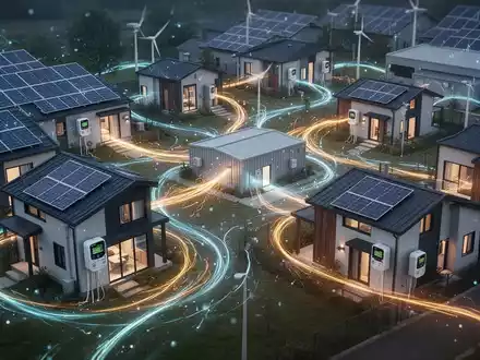 Abbildung des Energieflusses in einem lokalen Stromnetz mit Solarmodulen, die über leuchtende Linien mehrere Häuser und ein Gebäude verbinden. - Foto: über boerse-global.de