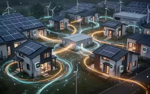 Abbildung des Energieflusses in einem lokalen Stromnetz mit Solarmodulen, die über leuchtende Linien mehrere Häuser und ein Gebäude verbinden. - Foto: über boerse-global.de