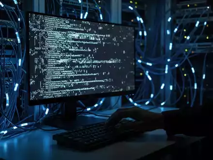 Ein dunkler Serverraum mit leuchtenden blauen Netzwerkkabeln und einem Bildschirm, der fragmentierten Code anzeigt, symbolisiert Cybergefahr. - Foto: über boerse-global.de