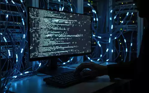Ein dunkler Serverraum mit leuchtenden blauen Netzwerkkabeln und einem Bildschirm, der fragmentierten Code anzeigt, symbolisiert Cybergefahr. - Foto: über boerse-global.de