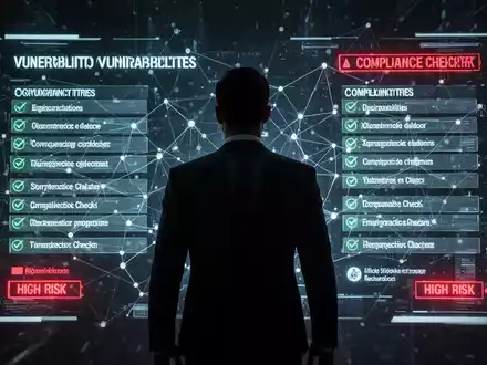 Eine Person in einem Anzug steht vor einer digitalen Schnittstelle, die Cybersicherheitsbedrohungen und Compliance-Vorschriften anzeigt, mit roten Warnungen. - Foto: über boerse-global.de