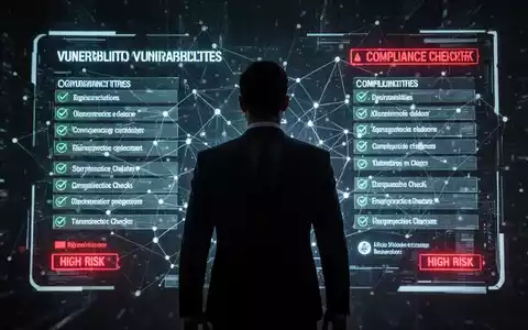 Eine Person in einem Anzug steht vor einer digitalen Schnittstelle, die Cybersicherheitsbedrohungen und Compliance-Vorschriften anzeigt, mit roten Warnungen. - Foto: über boerse-global.de