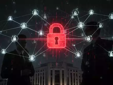 Stilisierte digitale Netzwerke mit leuchtenden Linien und einem bedrohlichen roten Schloss-Symbol, das eine Cybersicherheitsbedrohung für den Rechtssektor darstellt. - Foto: über boerse-global.de