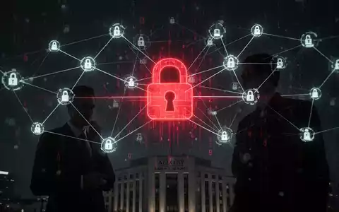Stilisierte digitale Netzwerke mit leuchtenden Linien und einem bedrohlichen roten Schloss-Symbol, das eine Cybersicherheitsbedrohung für den Rechtssektor darstellt. - Foto: über boerse-global.de