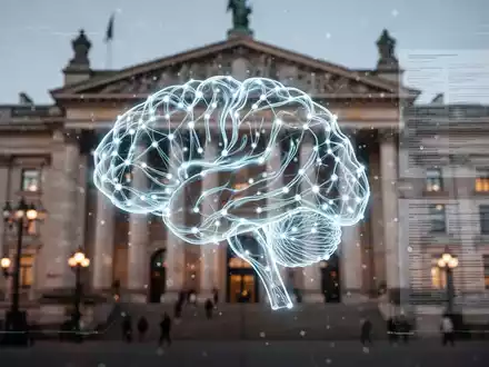 Stilisierte Gehirn-Netzwerk-Ikone vor verschwommenem europäischen Gerichtsgebäude, Symbol für KI und rechtliche Herausforderungen. - Foto: über boerse-global.de