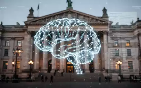 Stilisierte Gehirn-Netzwerk-Ikone vor verschwommenem europäischen Gerichtsgebäude, Symbol für KI und rechtliche Herausforderungen. - Foto: über boerse-global.de