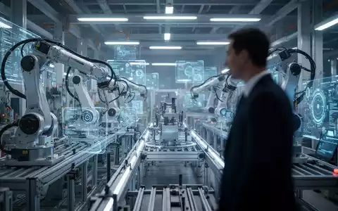 Stilisierte, futuristische Fabrikhalle mit Roboterarmen und digitalen Schnittstellen, die Industrie 4.0 symbolisiert. - Foto: über boerse-global.de
