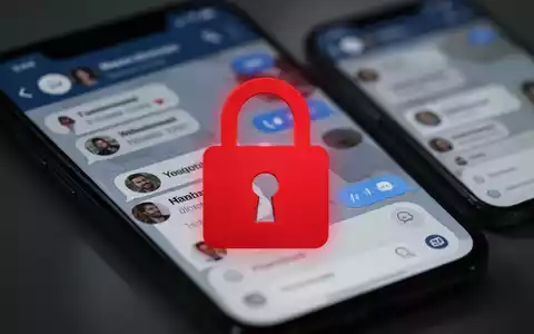 Ein stilisiertes rotes Vorhängeschloss über verschwommenen Smartphone-Bildschirmen mit Messenger-App-Interfaces, die Sicherheitsprobleme symbolisieren. - Foto: über boerse-global.de