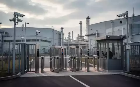 Eine moderne Zugangskontrolle mit Schranken, Kameras und einem Wachhäuschen an einem großen Industriepark. - Foto: über boerse-global.de