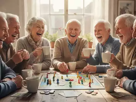 Senioren spielen ein Brettspiel, lachen und trinken Kaffee in einem hellen Raum. - Foto: über boerse-global.de