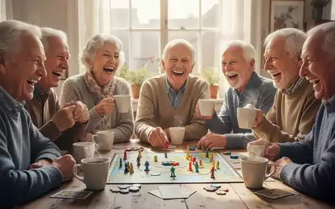 Senioren spielen ein Brettspiel, lachen und trinken Kaffee in einem hellen Raum. - Foto: über boerse-global.de