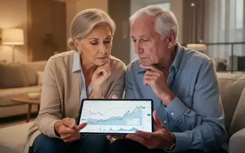 Ein älteres Paar sitzt nachdenklich in einem hellen Wohnzimmer und betrachtet ein Tablet mit Finanzdiagrammen, das die Altersvorsorge darstellt. - Foto: über boerse-global.de