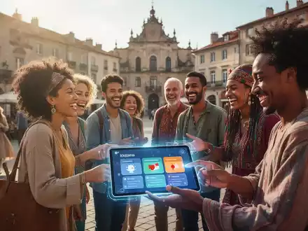 Menschen unterschiedlicher Kulturen interagieren auf einem sonnigen Platz. Eine Person nutzt ein Tablet zum Sprachenlernen mit KI. - Foto: über boerse-global.de