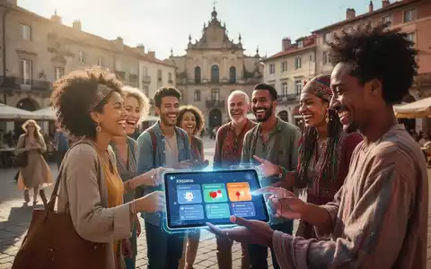 Menschen unterschiedlicher Kulturen interagieren auf einem sonnigen Platz. Eine Person nutzt ein Tablet zum Sprachenlernen mit KI. - Foto: über boerse-global.de