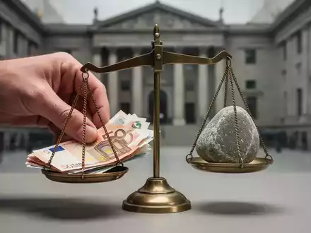 Eine Hand arrangiert Euro-Banknoten auf einer Waage, während die andere Seite einen Stein hält, vor einem unscharfen Regierungsgebäude. - Foto: über boerse-global.de