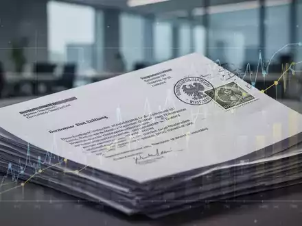 Ein Stapel Geschäftsbriefe mit deutscher Briefmarke, teilweise überlagert von einem Finanzdiagramm, in einem Büro. - Foto: über boerse-global.de