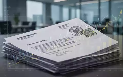 Ein Stapel Geschäftsbriefe mit deutscher Briefmarke, teilweise überlagert von einem Finanzdiagramm, in einem Büro. - Foto: über boerse-global.de