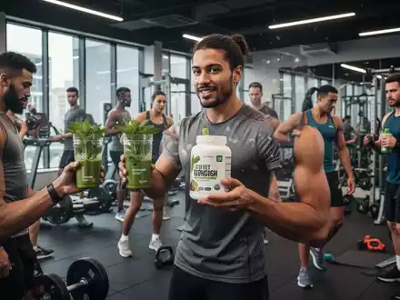 Menschen trainieren in einem modernen Fitnessstudio, einige halten pflanzliche Proteinshakes und Sportgeräte. Fokus auf Gesundheit. - Foto: über boerse-global.de
