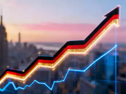 Abstrakte Darstellung eines aufsteigenden digitalen Börsencharts mit subtilen deutschen Farben vor einer verschwommenen Stadtlandschaft bei Sonnenaufgang. - Foto: über boerse-global.de