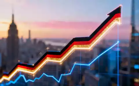 Abstrakte Darstellung eines aufsteigenden digitalen Börsencharts mit subtilen deutschen Farben vor einer verschwommenen Stadtlandschaft bei Sonnenaufgang. - Foto: über boerse-global.de