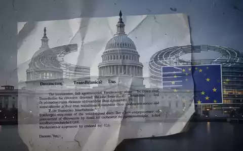 Ein zerknülltes Dokument mit Silhouetten des US-Kapitols und des Europäischen Parlaments, das Rechtsunsicherheit beim transatlantischen Datenaustausch symbolisiert. - Foto: über boerse-global.de