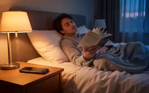 Eine Person liest abends ein Buch in einem ruhigen Schlafzimmer, Smartphone liegt beiseite. Warme Beleuchtung, entspannte Atmosphäre. - Foto: über boerse-global.de