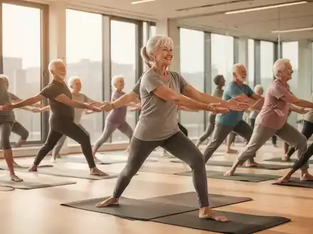 Senioren praktizieren entspannt Yoga in einem hellen Raum, Fokus auf sanfte Bewegung und innere Ruhe. - Foto: über boerse-global.de