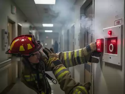Ein Feuerwehrhelm und eine behandschuhte Hand inspizieren ein Brandmeldetableau in einem Krankenhausflur mit leichtem Rauch im Hintergrund. - Foto: über boerse-global.de