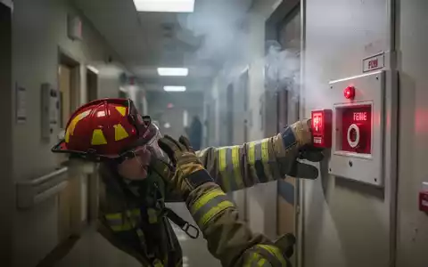 Ein Feuerwehrhelm und eine behandschuhte Hand inspizieren ein Brandmeldetableau in einem Krankenhausflur mit leichtem Rauch im Hintergrund. - Foto: über boerse-global.de