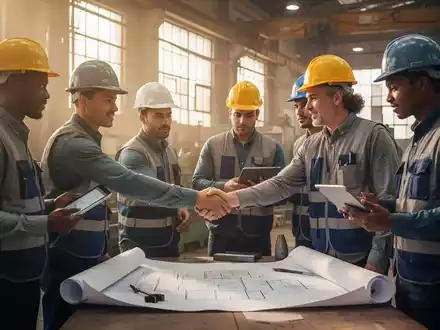 Mitarbeiter in einer Fabrikumgebung, die sich die Hände schütteln und zusammenarbeiten, als Symbol für Arbeitsplatzsicherheit. - Foto: über boerse-global.de