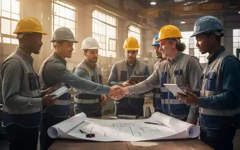 Mitarbeiter in einer Fabrikumgebung, die sich die Hände schütteln und zusammenarbeiten, als Symbol für Arbeitsplatzsicherheit. - Foto: über boerse-global.de