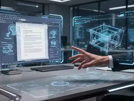 Eine futuristische Büroumgebung mit holografischen Software-Projektionen, die KI-Integration und Benutzerkontrolle darstellen. - Foto: über boerse-global.de