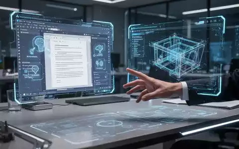 Eine futuristische Büroumgebung mit holografischen Software-Projektionen, die KI-Integration und Benutzerkontrolle darstellen. - Foto: über boerse-global.de