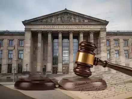 Das Bundesverfassungsgericht in Karlsruhe, umgeben von einer Aura der Ernsthaftigkeit und Autorität, mit angedeuteten Gesetzestexten. - Foto: über boerse-global.de