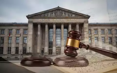Das Bundesverfassungsgericht in Karlsruhe, umgeben von einer Aura der Ernsthaftigkeit und Autorität, mit angedeuteten Gesetzestexten. - Foto: über boerse-global.de