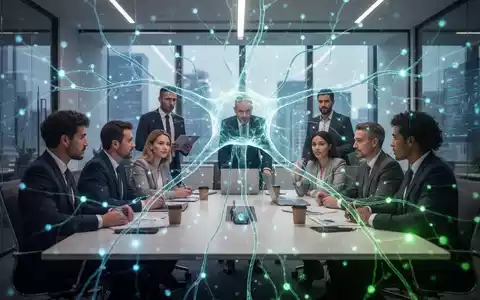 Leuchtendes neuronales Netzwerkdiagramm über modernem Büro mit Fachleuten, symbolisiert KI-Integration und Beratung. - Foto: über boerse-global.de