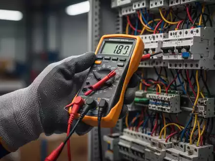 Nahaufnahme einer behandschuhten Hand, die mit einem Multimeter eine elektrische Platine prüft, um Sicherheit und Prävention zu symbolisieren. - Foto: über boerse-global.de