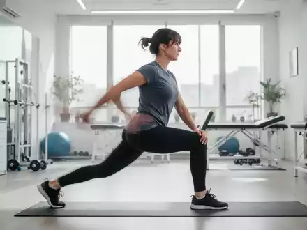Eine Person führt einen Ausfallschritt aus, um den Psoas-Muskel zu dehnen, in einem modernen Physiotherapie-Studio. - Foto: über boerse-global.de