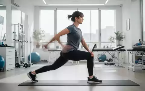 Eine Person führt einen Ausfallschritt aus, um den Psoas-Muskel zu dehnen, in einem modernen Physiotherapie-Studio. - Foto: über boerse-global.de