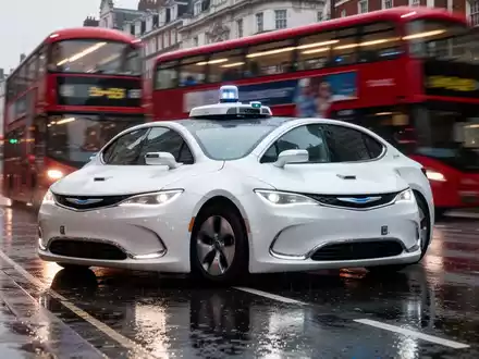 Ein weißes Waymo-Auto auf einer nassen Londoner Straße, im unscharfen Hintergrund ein roter Doppeldeckerbus. - Foto: über boerse-global.de