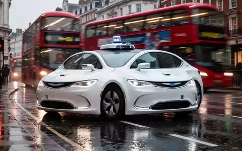 Ein weißes Waymo-Auto auf einer nassen Londoner Straße, im unscharfen Hintergrund ein roter Doppeldeckerbus. - Foto: über boerse-global.de