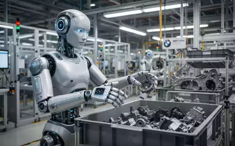 Ein humanoider Roboter mit Sensoren und Kameras an den Händen sortiert Autoteile in einen Wagen in einer BMW-Fabrik. - Foto: über boerse-global.de