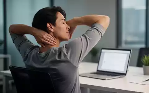 Eine Person dehnt sanft Nacken und Schultern an einem Büroschreibtisch, während ein Laptop im Hintergrund unscharf ist. - Foto: über boerse-global.de