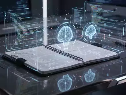 Stilisierte digitale Notizbuch-Oberfläche mit leuchtenden KI-Elementen und Code-Schnipseln, reflektiert auf einem polierten, futuristischen Schreibtisch. - Foto: über boerse-global.de